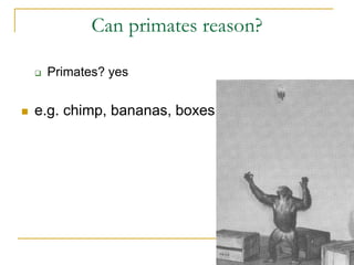 Can primates reason?
 Primates? yes
 e.g. chimp, bananas, boxes
 