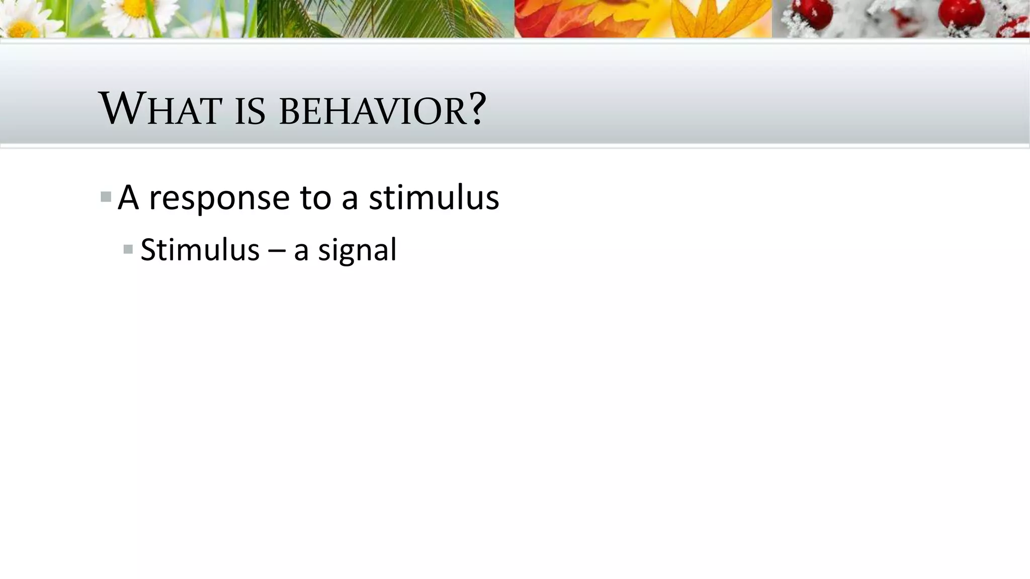 WHAT IS BEHAVIOR?
A response to a stimulus
 Stimulus – a signal
 