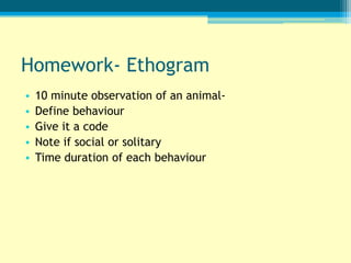 Homework- Ethogram
•   10 minute observation of an animal-
•   Define behaviour
•   Give it a code
•   Note if social or solitary
•   Time duration of each behaviour
 