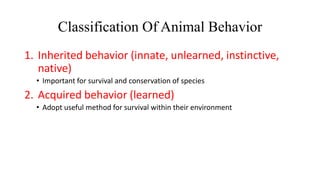 Classification Of Animal Behavior
1. Inherited behavior (innate, unlearned, instinctive,
native)
• Important for survival and conservation of species
2. Acquired behavior (learned)
• Adopt useful method for survival within their environment
 