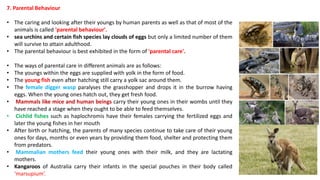 7. Parental Behaviour
• The caring and looking after their youngs by human parents as well as that of most of the
animals is called 'parental behaviour'.
• sea urchins and certain fish species lay clouds of eggs but only a limited number of them
will survive to attain adulthood.
• The parental behaviour is best exhibited in the form of 'parental care'.
• The ways of parental care in different animals are as follows:
• The youngs within the eggs are supplied with yolk in the form of food.
• The young fish even after hatching still carry a yolk sac around them.
• The female digger wasp paralyses the grasshopper and drops it in the burrow having
eggs. When the young ones hatch out, they get fresh food.
• Mammals like mice and human beings carry their young ones in their wombs until they
have reached a stage when they ought to be able to feed themselves.
• Cichlid fishes such as haplochromis have their females carrying the fertilized eggs and
later the young fishes in her mouth
• After birth or hatching, the parents of many species continue to take care of their young
ones for days, months or even years by providing them food, shelter and protecting them
from predators.
• Mammalian mothers feed their young ones with their milk, and they are lactating
mothers.
• Kangaroos of Australia carry their infants in the special pouches in their body called
‘marsupium’.
 