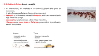 2. Orthokinesis Orthos (Greek) = straight
• In orthokinesis, the intensity of the stimulus governs the speed of
movement.
• It is the frequency of change from rest to movement.
• Examples of orthokinesis are seen in lampreys, which are more active in
high intensities of light.
• cockroaches, which are more active in low intensities.
• Flatworms and many kinds of fly larvae, among other invertebrates,
exhibit orthokinesis.
 