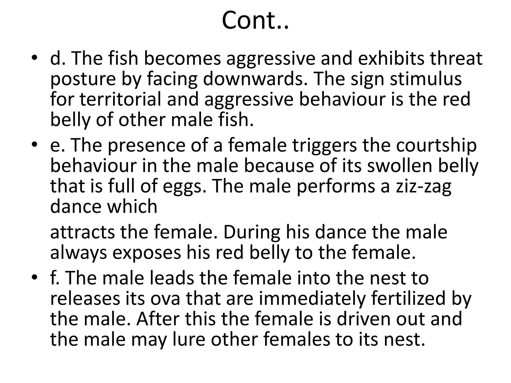 Cont..
• d. The fish becomes aggressive and exhibits threat
posture by facing downwards. The sign stimulus
for territorial and aggressive behaviour is the red
belly of other male fish.
• e. The presence of a female triggers the courtship
behaviour in the male because of its swollen belly
that is full of eggs. The male performs a ziz-zag
dance which
attracts the female. During his dance the male
always exposes his red belly to the female.
• f. The male leads the female into the nest to
releases its ova that are immediately fertilized by
the male. After this the female is driven out and
the male may lure other females to its nest.
 
