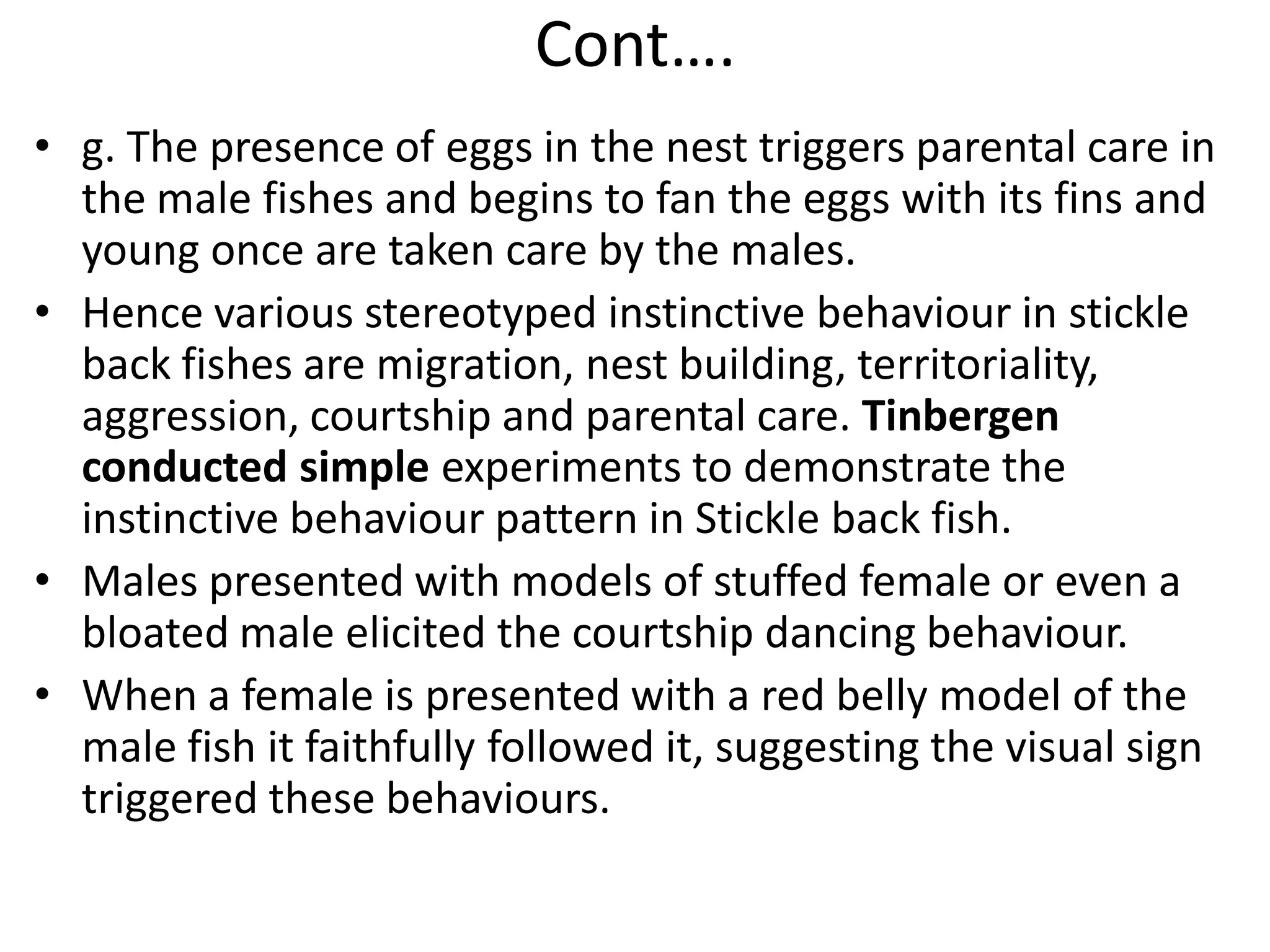 Cont….
• g. The presence of eggs in the nest triggers parental care in
the male fishes and begins to fan the eggs with its fins and
young once are taken care by the males.
• Hence various stereotyped instinctive behaviour in stickle
back fishes are migration, nest building, territoriality,
aggression, courtship and parental care. Tinbergen
conducted simple experiments to demonstrate the
instinctive behaviour pattern in Stickle back fish.
• Males presented with models of stuffed female or even a
bloated male elicited the courtship dancing behaviour.
• When a female is presented with a red belly model of the
male fish it faithfully followed it, suggesting the visual sign
triggered these behaviours.
 