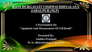 RANI DURGAVATI VISHWAVIDHYALAYA
JABALPUR (M.P)
A Presentation On
“Apoptosis And Measurement Of Cell Death”
Presented By:
Ambika Prajapati
M. Sc. Biotechnology I Semester
 