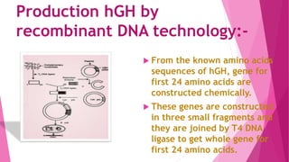 Production hGH by
recombinant DNA technology:-
 From the known amino acids
sequences of hGH, gene for
first 24 amino acids are
constructed chemically.
 These genes are constructed
in three small fragments and
they are joined by T4 DNA
ligase to get whole gene for
first 24 amino acids.
 