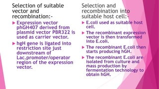 Selection of suitable
vector and
recombination:-
 Expression vector
phGH407 derived from
plasmid vector PBR322 is
used as carrier vector.
 hgH gene is ligated into
restriction site just
downstream of
Lac.promoter/operator
region of the expression
vector.
Selection and
recombination into
suitable host cell:-
 E.coli used as suitable host
cell.
 The recombinant expression
vector is then transformed
into E.coli.
 The recombinant E.coli then
starts producing hGH.
 The recombinant E.coli are
isolated from culture and
mass production by
fermentation technology to
obtain hGH.
 