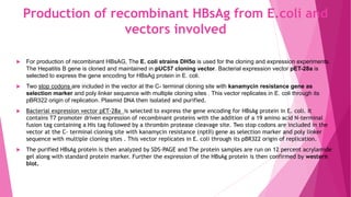 Production of recombinant HBsAg from E.coli and
vectors involved
 For production of recombinant HBsAG, The E. coli strains DH5α is used for the cloning and expression experiments.
The Hepatitis B gene is cloned and maintained in pUC57 cloning vector. Bacterial expression vector pET-28a is
selected to express the gene encoding for HBsAg protein in E. coli.
 Two stop codons are included in the vector at the C- terminal cloning site with kanamycin resistance gene as
selection marker and poly linker sequence with multiple cloning sites . This vector replicates in E. coli through its
pBR322 origin of replication. Plasmid DNA then isolated and purified.
 Bacterial expression vector pET-28a is selected to express the gene encoding for HBsAg protein in E. coli. It
contains T7 promoter driven expression of recombinant proteins with the addition of a 19 amino acid N-terminal
fusion tag containing a His tag followed by a thrombin protease cleavage site. Two stop codons are included in the
vector at the C- terminal cloning site with kanamycin resistance (nptII) gene as selection marker and poly linker
sequence with multiple cloning sites . This vector replicates in E. coli through its pBR322 origin of replication.
 The purified HBsAg protein is then analyzed by SDS-PAGE and The protein samples are run on 12 percent acrylamide
gel along with standard protein marker. Further the expression of the HBsAg protein is then confirmed by western
blot.
 