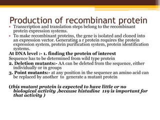 Production of recombinant protein
• Transcription and translation steps belong to the recombinant
protein expression syste...