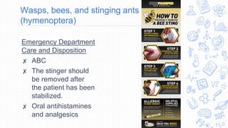 Wasps, bees, and stinging ants
(hymenoptera)
Emergency Department
Care and Disposition
✘ ABC
✘ The stinger should
be removed after
the patient has been
stabilized.
✘ Oral antihistamines
and analgesics
 