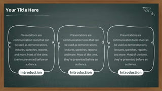 Introduction
Presentations are
communication tools that can
be used as demonstrations,
lectures, speeches, reports,
and more. Most of the time,
they're presented before an
audience.
Introduction
Presentations are
communication tools that can
be used as demonstrations,
lectures, speeches, reports,
and more. Most of the time,
they're presented before an
audience.
Introduction
Presentations are
communication tools that can
be used as demonstrations,
lectures, speeches, reports,
and more. Most of the time,
they're presented before an
audience.
Your Title Here
 