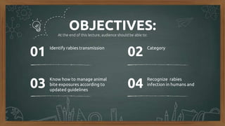 OBJECTIVES:
Identify rabies transmission
At the end of this lecture, audience should be able to:
Know how to manage animal
bite exposures according to
updated guidelines
Recognize rabies
infection in humans and
01 02
03 04
Category
 