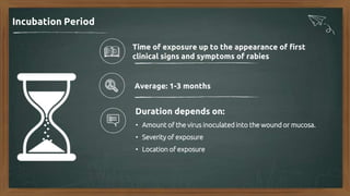 Time of exposure up to the appearance of first
clinical signs and symptoms of rabies
Average: 1-3 months
Duration depends on:
• Amount of the virus inoculated into the wound or mucosa.
• Severity of exposure
• Location of exposure
Incubation Period
 