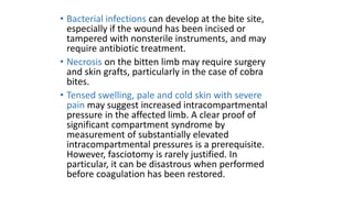 • Bacterial infections can develop at the bite site,
especially if the wound has been incised or
tampered with nonsterile instruments, and may
require antibiotic treatment.
• Necrosis on the bitten limb may require surgery
and skin grafts, particularly in the case of cobra
bites.
• Tensed swelling, pale and cold skin with severe
pain may suggest increased intracompartmental
pressure in the affected limb. A clear proof of
significant compartment syndrome by
measurement of substantially elevated
intracompartmental pressures is a prerequisite.
However, fasciotomy is rarely justified. In
particular, it can be disastrous when performed
before coagulation has been restored.
 