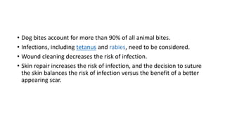 • Dog bites account for more than 90% of all animal bites.
• Infections, including tetanus and rabies, need to be considered.
• Wound cleaning decreases the risk of infection.
• Skin repair increases the risk of infection, and the decision to suture
the skin balances the risk of infection versus the benefit of a better
appearing scar.
 
