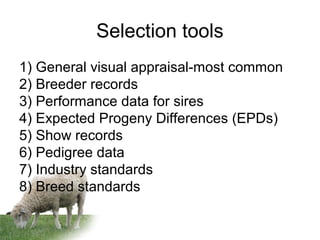 Selection tools
1) General visual appraisal-most common
2) Breeder records
3) Performance data for sires
4) Expected Progeny Differences (EPDs)
5) Show records
6) Pedigree data
7) Industry standards
8) Breed standards
 