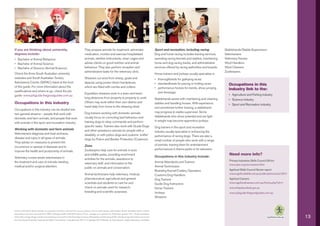 If you are thinking about university,                                        They prepare animals for treatment, administer                             Sport and recreation, including racing               Stablehands/Stable Supervisors
degrees include:                                                             medication, monitor and exercise hospitalised                              Dog and horse racing includes training services,     Veterinarians
•	 Bachelor of Animal Behaviour                                              animals, sterilise instruments, clean cages and                            operating racing kennels and stables, maintaining    Veterinary Nurses
•	 Bachelor of Animal Science                                                advise clients on good nutrition and animal                                horse and dog racing tracks, and administrative      Wool Handlers
•	 Bachelor of Science (Animal Science).                                     behaviour. They also perform reception and                                 services offered by racing authorities and boards.   Wool Classers
                                                                             administrative tasks for the veterinary clinic.                                                                                 Zookeepers.
Check the three South Australian university                                                                                                             Horse trainers and jockeys usually specialise in:
websites and South Australian Tertiary                                       Shearers cut wool from sheep, goats and                                    •	   thoroughbreds for galloping races
Admissions Centre (SATAC) listed at the front                                alpacas using power driven handpieces,                                     •	   standardbreds for pacing or trotting races        Occupations in this
of this guide. For more information about the                                which are fitted with combs and cutters.                                   •	   p
                                                                                                                                                              erformance horses for events, show jumping
qualifications and where to go, check the job
                                                                                                                                                                                                               industry link to the:
                                                                             Expedition shearers work in a team and travel                              	    and dressage.
guide: www.jobguide.thegoodguides.com.au                                                                                                                                                                       •	 Agriculture and Fishing industry
                                                                             long distances from property to property to work.                          Stablehands assist with maintaining and cleaning       •	 Science industry
Occupations in this industry                                                 Others may work within their own district and                              stables and handling horses. With experience,          •	 Sport and Recreation industry.
                                                                             travel daily from home to the shearing shed.                               and sometimes further training, a stablehand
Occupations in this industry can be divided into
                                                                             Dog trainers working with domestic animals                                 may progress to stable supervisor. Some
two general streams – people that work with
                                                                             usually focus on correcting bad behaviour and                              stablehands who show potential and are light
domestic and farm animals, and people that work
                                                                             training dogs to obey commands and perform                                 in weight may become apprentice jockeys.
with animals in the sport and recreation industry.
                                                                             specific tasks. Trainers also work with Guide Dogs                         Dog trainers in the sport and recreation
Working with domestic and farm animals                                       and other assistance animals for people with a                             industry usually specialise in enhancing the
Veterinarians diagnose and treat sickness,                                   disability, or with police dogs and customs ‘sniffer’                      performance of racing dogs. There are also a
disease and injury in all types of animals.                                  dogs for Police and Border Protection (Customs).                           small number of people who work with a range
They advise on measures to prevent the
                                                                             Zoos                                                                       of animals, training them for entertainment
occurrence or spread of diseases and to
                                                                             Zookeepers help care for animals in zoos                                   performances in theme parks or for television.
improve the health and productivity of animals.
                                                                             and wildlife parks, providing enrichment                                                                                           Need more info?
Veterinary nurses assist veterinarians in                                                                                                               Occupations in this industry include:
                                                                             activities for the animals, assistance to
                                                                                                                                                        Animal Attendants and Trainers                          Primary Industries Skills Council SA Inc
the treatment and care of animals needing                                    veterinary staff, and information to the                                                                                           www.pisc.org/au/careers.html
medical and/or surgical attention.                                           public on animals and conservation.                                        Animal Technicians
                                                                                                                                                        Boarding Kennel/Cattery Operators                       Agrifood Skills Council Sector report
                                                                             Animal technicians help veterinary, medical,                                                                                       www.agrifoodskills.net.au/publications/scan/2011
                                                                                                                                                        Customs Dog Handlers
                                                                             pharmaceutical, agricultural and general                                   Dog Trainers                                            Agrifood Careers
                                                                             scientists and students to care for and                                    Guide Dog Instructors                                   www.agrifoodcareers.com.au/home.php?id=1
                                                                             check on animals used for research,                                        Horse Trainers                                          www.thejoboutlook.gov.au
                                                                             breeding and scientific purposes.                                          Jockeys                                                 www.jobguide.thegoodguides.com.au
                                                                                                                                                        Shearers



Career information about specific occupations has been sourced from www.myfuture.com.au and industry skills bodies. South Australian labour market
information has been sourced from ABS Catalogue 6291.0.55.003 Labour Force, average of 4 quarters to November quarter 2011. South Australian
information on Age, Region and Income has been sourced from the Australian Census of Population and Housing 2006. Job Openings information is sourced                                                                                                              13
from the South Australian Training and Skills Commission, (unpublished) 2011.© Copyright 2012 Minister for Employment, Higher Education and Skills
 