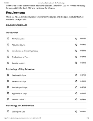 Animal Care Diploma Level 3 - St. Pauls College | PDF
