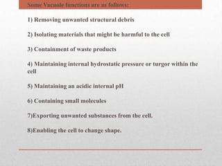 • Some Vacuole functions are as follows:

  1) Removing unwanted structural debris

  2) Isolating materials that might be harmful to the cell

  3) Containment of waste products

  4) Maintaining internal hydrostatic pressure or turgor within the
  cell

  5) Maintaining an acidic internal pH

  6) Containing small molecules

  7)Exporting unwanted substances from the cell.

  8)Enabling the cell to change shape.
 