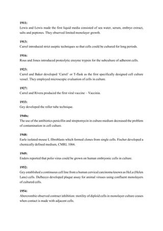 1911:
Lewis and Lewis made the first liquid media consisted of sea water, serum, embryo extract,
salts and peptones. They observed limited monolayer growth.
1913:
Carrel introduced strict aseptic techniques so that cells could be cultured for long periods.
1916:
Rous and Jones introduced proteolytic enzyme trypsin for the subculture of adherent cells.
1923:
Carrel and Baker developed ‘Carrel’ or T-flask as the first specifically designed cell culture
vessel. They employed microscopic evaluation of cells in culture.
1927:
Carrel and Rivera produced the first viral vaccine – Vaccinia.
1933:
Gey developed the roller tube technique.
1940s:
The use of the antibiotics penicillin and streptomycin in culture medium decreased the problem
of contamination in cell culture.
1948:
Earle isolated mouse L fibroblasts which formed clones from single cells. Fischer developed a
chemically defined medium, CMRL 1066.
1949:
Enders reported that polio virus could be grown on human embryonic cells in culture.
1952:
Gey established a continuous cell line from a human cervical carcinoma known as HeLa (Helen
Lane) cells. Dulbecco developed plaque assay for animal viruses using confluent monolayers
of cultured cells.
1954:
Abercrombie observed contract inhibition: motility of diploid cells in monolayer culture ceases
when contact is made with adjacent cells.
 
