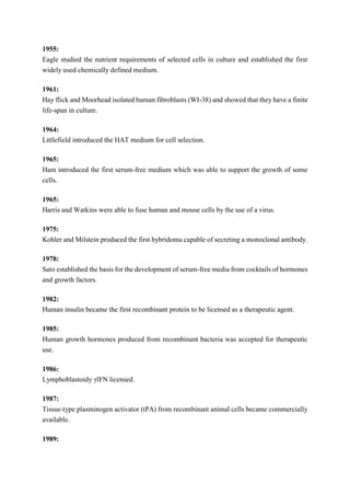 1955:
Eagle studied the nutrient requirements of selected cells in culture and established the first
widely used chemically defined medium.
1961:
Hay flick and Moorhead isolated human fibroblasts (WI-38) and showed that they have a finite
life-span in culture.
1964:
Littlefield introduced the HAT medium for cell selection.
1965:
Ham introduced the first serum-free medium which was able to support the growth of some
cells.
1965:
Harris and Watkins were able to fuse human and mouse cells by the use of a virus.
1975:
Kohler and Milstein produced the first hybridoma capable of secreting a monoclonal antibody.
1978:
Sato established the basis for the development of serum-free media from cocktails of hormones
and growth factors.
1982:
Human insulin became the first recombinant protein to be licensed as a therapeutic agent.
1985:
Human growth hormones produced from recombinant bacteria was accepted for therapeutic
use.
1986:
Lymphoblastoidy γlFN licensed.
1987:
Tissue-type plasminogen activator (tPA) from recombinant animal cells became commercially
available.
1989:
 