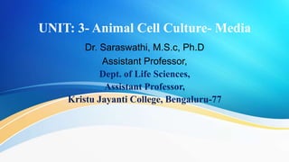 UNIT: 3- Animal Cell Culture- Media
Dr. Saraswathi, M.S.c, Ph.D
Assistant Professor,
Dept. of Life Sciences,
Assistant Professor,
Kristu Jayanti College, Bengaluru-77
 