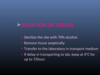ISOLATION OF TISSUES
• Sterilize the site with 70% alcohol.
• Remove tissue aseptically.
• Transfer to the laboratory in transport medium
• If delay in transporting to lab, keep at 4°C for
up to 72hour.
 