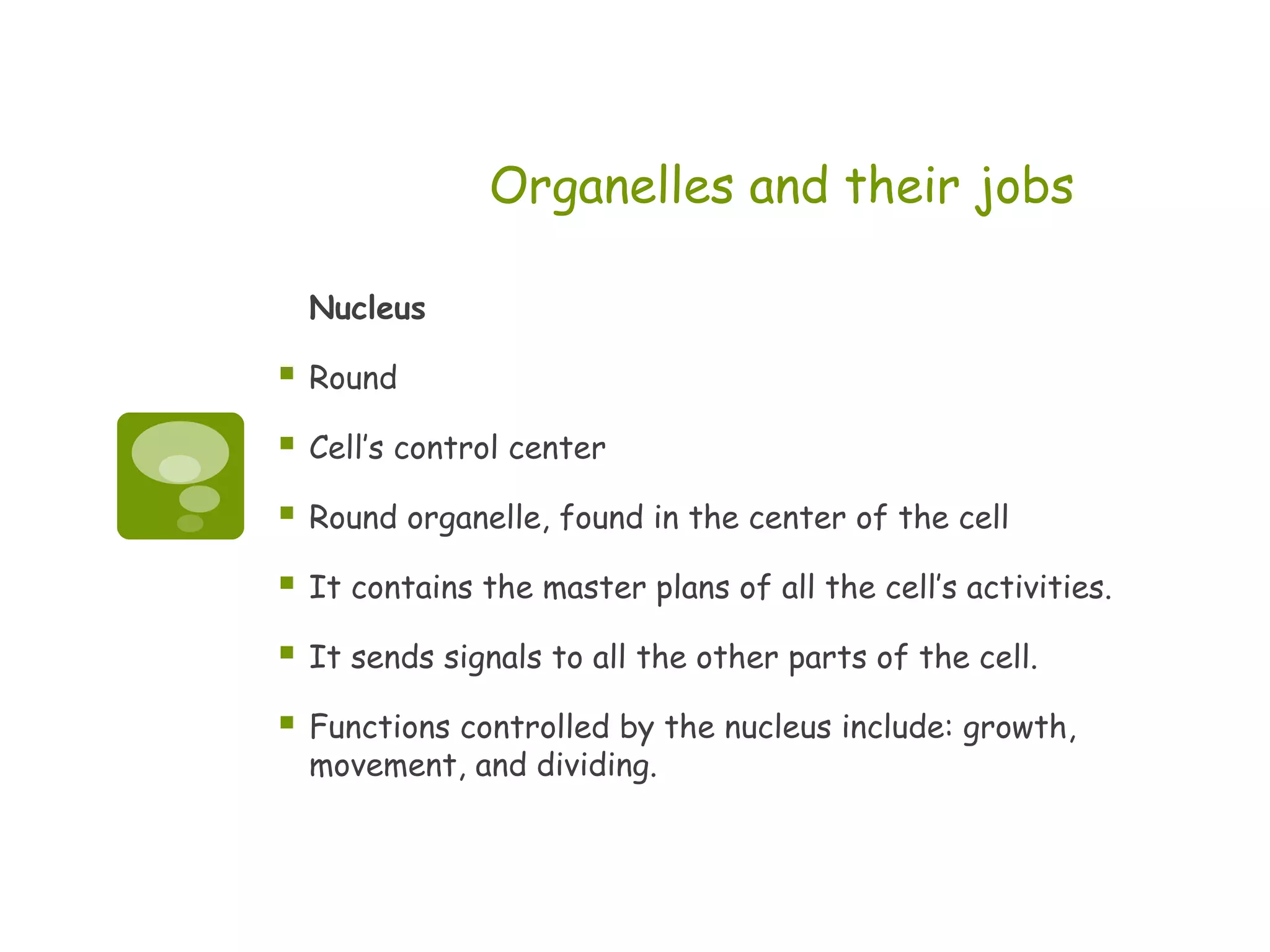 Organelles and their jobs

    Nucleus

   Round

   Cell’s control center

   Round organelle, found in the center of the cell

   It contains the master plans of all the cell’s activities.

   It sends signals to all the other parts of the cell.

   Functions controlled by the nucleus include: growth,
    movement, and dividing.
 