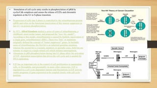 • Stimulation of cell cycle entry results in phosphorylation of pRB by
cyclin/Cdk complexes and causes the release of E2Fs and chromatin
regulators at the G1 to S-phase transition.
• Progression of cells into S phase is controlled by the retinoblastoma protein
(pRB) and relies on the functional inactivation of this tumour suppressor in
late G1 via protein phosphorylation.
• In 1971, Alfred Knudson studied a series of cases of retinoblastoma, a
childhood- onset ocular tumor, and proposed the “two- hit- model” .
According to this model, retinoblastoma is caused by biallelic inactivation of
a single gene, retinoblastoma1 (RB1). These two “hits” or mutations
originally defined the concept of “tumor suppressor” genes. In heritable
cases of retinoblastoma, the first hit is an inherited germline mutation,
whereas the second hit is a somatic mutation; in sporadic cases, both hits are
somatic in origin in a single retinal cell which initiates tumorigenesis.
• Alterations in pRb phosphorylation during late G1 phase allow the activation
of E2F- dependent transcription that drives the cell cycle and is needed for
DNA replication.
• E2F has an important role in the control of cell proliferation in mammalian
cells, in Drosophila, and presumably in many other eukaryotes. E2F is
regulated in a cell cycle-dependent manner and fluctuations in E2F activity
enable programs of gene expression to be coupled closely with cell cycle
position.
 