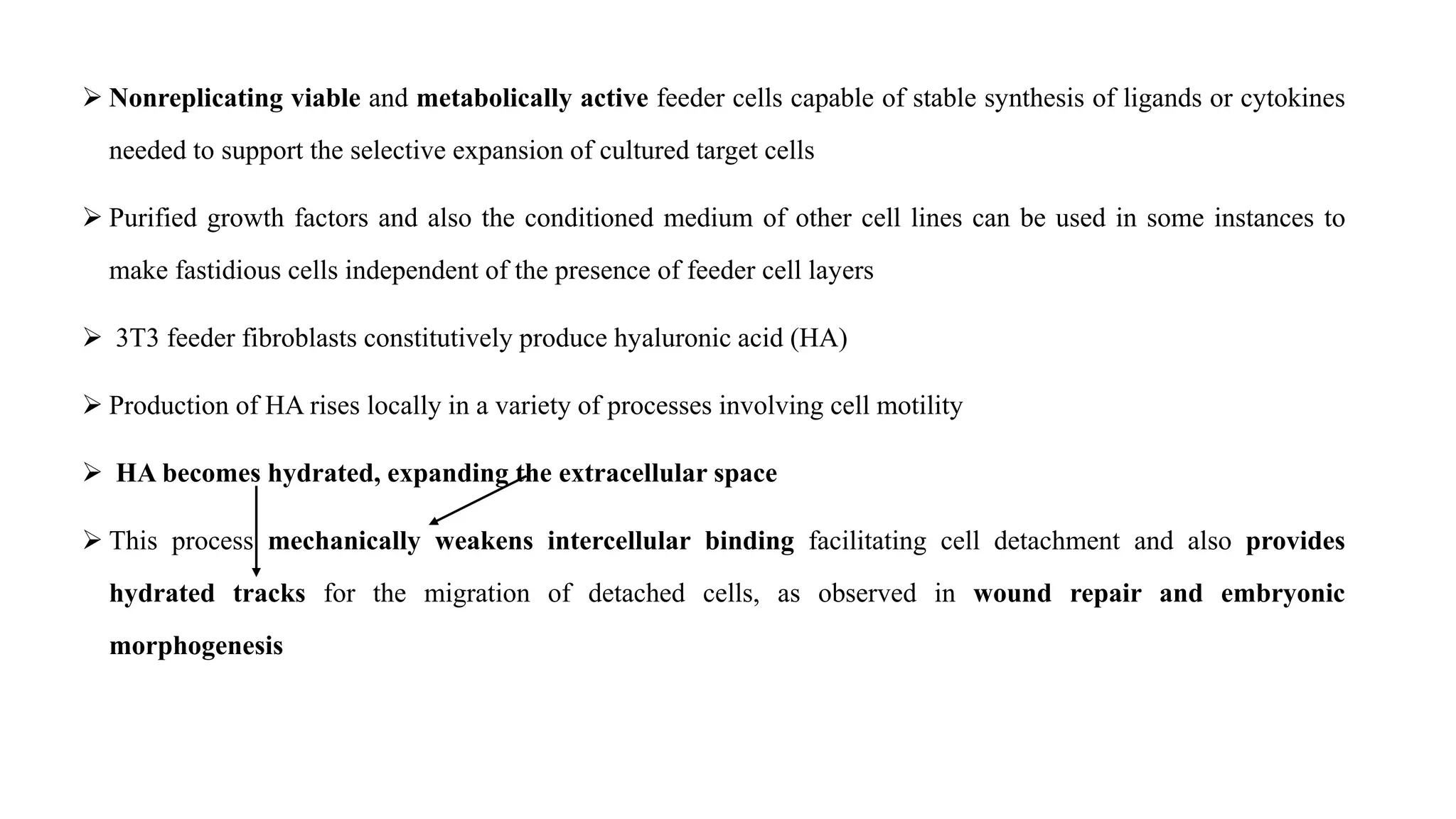  Nonreplicating viable and metabolically active feeder cells capable of stable synthesis of ligands or cytokines
needed to support the selective expansion of cultured target cells
 Purified growth factors and also the conditioned medium of other cell lines can be used in some instances to
make fastidious cells independent of the presence of feeder cell layers
 3T3 feeder fibroblasts constitutively produce hyaluronic acid (HA)
 Production of HA rises locally in a variety of processes involving cell motility
 HA becomes hydrated, expanding the extracellular space
 This process mechanically weakens intercellular binding facilitating cell detachment and also provides
hydrated tracks for the migration of detached cells, as observed in wound repair and embryonic
morphogenesis
 