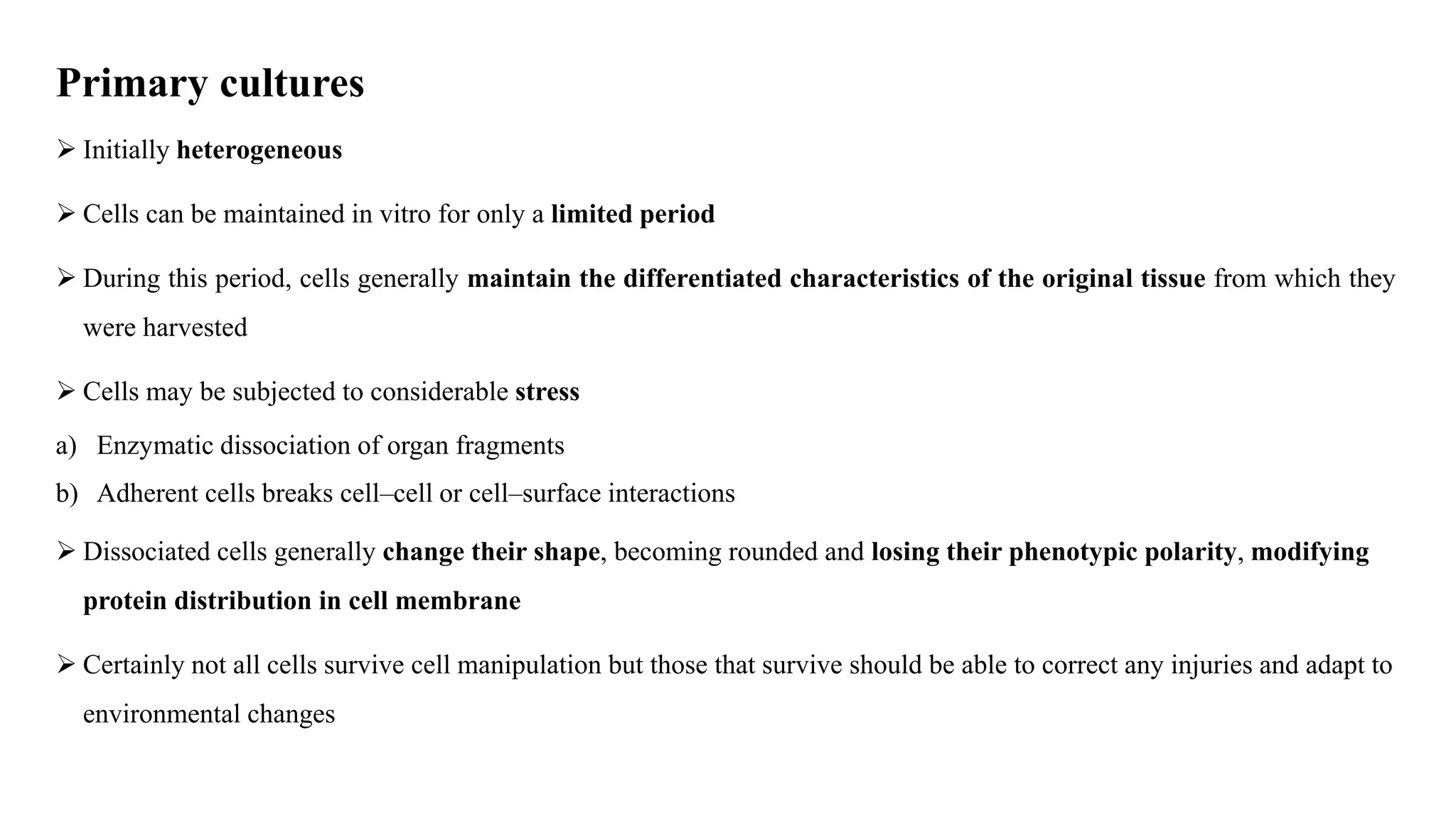 Primary cultures
 Initially heterogeneous
 Cells can be maintained in vitro for only a limited period
 During this period, cells generally maintain the differentiated characteristics of the original tissue from which they
were harvested
 Cells may be subjected to considerable stress
a) Enzymatic dissociation of organ fragments
b) Adherent cells breaks cell–cell or cell–surface interactions
 Dissociated cells generally change their shape, becoming rounded and losing their phenotypic polarity, modifying
protein distribution in cell membrane
 Certainly not all cells survive cell manipulation but those that survive should be able to correct any injuries and adapt to
environmental changes
 