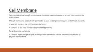 Cell Membrane
Cell membrane is a biological membrane that separates the interior of all cells from the outside
environment.
The cell membrane is selectively permeable to ions and organic molecules and controls the cells.
It basically protects the cell from outside forces.
It contains of the lipid bilayer with embedded proteins.
Fungi, bacteria, and plants.
It contains a percentage of lipids making a semi-permeable barrier between the cell and its
physical environment.
 