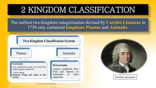 The earliest two-kingdom categorization devised by Carolus Linnaeus in
1758 only contained kingdoms Plantae and Animalia.
2 KINGDOM CLASSIFICATION
https://images.app.goo.gl/N57WaVqwSeKEEDNNA
Carolus Linnaeus
 