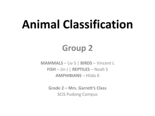 Animal Classification
             Group 2
   MAMMALS – Liv S | BIRDS – Vincent L
     FISH – Jin J | REPTILES – Noah S
         AMPHIBIANS – Hilda K

      Grade 2 – Mrs. Garrett’s Class
          SCIS Pudong Campus
 