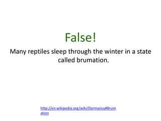 False!
Many reptiles sleep through the winter in a state
                 called brumation.




          http://en.wikipedia.org/wiki/Dormancy#Brum
          ation
 