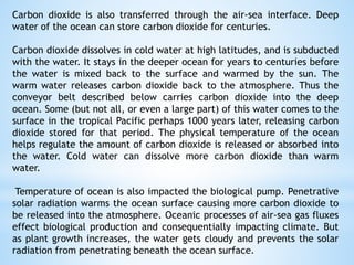 Carbon dioxide is also transferred through the air-sea interface. Deep
water of the ocean can store carbon dioxide for centuries.
Carbon dioxide dissolves in cold water at high latitudes, and is subducted
with the water. It stays in the deeper ocean for years to centuries before
the water is mixed back to the surface and warmed by the sun. The
warm water releases carbon dioxide back to the atmosphere. Thus the
conveyor belt described below carries carbon dioxide into the deep
ocean. Some (but not all, or even a large part) of this water comes to the
surface in the tropical Pacific perhaps 1000 years later, releasing carbon
dioxide stored for that period. The physical temperature of the ocean
helps regulate the amount of carbon dioxide is released or absorbed into
the water. Cold water can dissolve more carbon dioxide than warm
water.
Temperature of ocean is also impacted the biological pump. Penetrative
solar radiation warms the ocean surface causing more carbon dioxide to
be released into the atmosphere. Oceanic processes of air-sea gas fluxes
effect biological production and consequentially impacting climate. But
as plant growth increases, the water gets cloudy and prevents the solar
radiation from penetrating beneath the ocean surface.
 