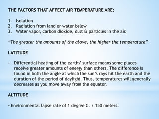 THE FACTORS THAT AFFECT AIR TEMPERATURE ARE:
1. Isolation
2. Radiation from land or water below
3. Water vapor, carbon dioxide, dust & particles in the air.
“The greater the amounts of the above, the higher the temperature”
LATITUDE
- Differential heating of the earths’ surface means some places
receive greater amounts of energy than others. The difference is
found in both the angle at which the sun’s rays hit the earth and the
duration of the period of daylight. Thus, temperatures will generally
decreases as you move away from the equator.
ALTITUDE
- Environmental lapse rate of 1 degree C. / 150 meters.
 