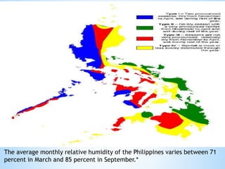 The average monthly relative humidity of the Philippines varies between 71
percent in March and 85 percent in September.*
 