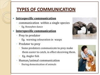 TYPES OF COMMUNICATION
 Intraspecific communication
◦ communication within a single species
 Eg. Honeybee dance
 Interspecific communication
◦ Prey to predator
 Eg. warning colouration in wasps
◦ Predator to prey
 Some predators communicate to prey make
them easier to catch, in effect deceiving them.
 Eg. Angler fish
◦ Human/animal communication
 During domestication of animals
 
