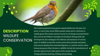 DESCRIPTION
WILDLIFE
CONSERVATION
The human population has grown exponentially over the past 200
years, to more than seven billion people today,and it continues to
rapidly grow.This means natural resources are being consumed faster
than ever by the billions of people on the planet.This growth and
development also endangers the habitats and existence of various
types of wildlife around the world, particularly animals and plants
that may be displaced for land development, or used for food or other
human purposes.Other threats to wildlife include the introduction of
invasive species from other parts of the world,climate
change,pollution,hunting, fishing and poaching.
 