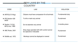 FEW LAWS BY THE
COUNTRY
❖ ARTICLE 51A(g) Citizens must have compassion for all animals. Fundamental duty
CODE LAW VIOLATION
❖ IPS Section 428
&429
To kill or maim any animal Punishment
❖ Section 11(1)(i)
&PCA Act, 1960
Do not abandon any animal 3 months prison
❖ ABC Rules, 2001 Stray dogs operated with birth control cannot
be captured or relocated
Punishment
❖ Wildlife act, 1972 Monkeys cannot be displayed or owned Punishment
 