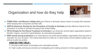 Organization and how do they help
◼ PAWS (Pets- and Women's Safety Act) give Victims or domestic abuse means to escape their abusers
while keeping their companion animals safe.
◼ ASPCA (American Society for the Prevention of Cruelty to Animals) provide effective means for the
prevention of cruelty to animals throughout the United States.
◼ PETA (People for the Ethical Treatment of Animals) is an American animal rights organization based in
Norfolk, Virginia, and led by Ingrid Newkirk, its international president.
◼ WAP (world animal protection) is an international non-profit animal welfare organization that has been in
operation for over 30 years. The charity describes its vision as: A world where animal welfare matters and
animal cruelty has ended.
HOW DO THEY HELP :
1) Provide a safe haven to homeless and mistreated animals.
2) Fight cruelty and rescue animals by investigating and making arrests for crimes against animals.
 