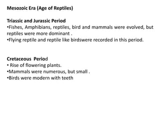Mesozoic Era (Age of Reptiles)
Triassic and Jurassic Period
•Fishes, Amphibians, reptiles, bird and mammals were evolved, but
reptiles were more dominant .
•Flying reptile and reptile like birdswere recorded in this period.
Cretaceous Period
• Rise of flowering plants.
•Mammals were numerous, but small .
•Birds were modern with teeth
 