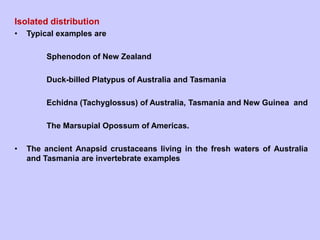 Isolated distribution
• Typical examples are
Sphenodon of New Zealand
Duck-billed Platypus of Australia and Tasmania
Echidna (Tachyglossus) of Australia, Tasmania and New Guinea and
The Marsupial Opossum of Americas.
• The ancient Anapsid crustaceans living in the fresh waters of Australia
and Tasmania are invertebrate examples
 