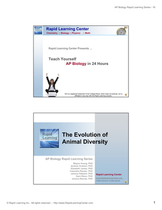 AP Biology Rapid Learning Series - 16

Rapid Learning Center
Chemistry :: Biology :: Physics

:: Math

Rapid Learning Center Presents …
p
g

Teach Yourself
AP Biology in 24 Hours

*AP is a registered trademark of the College Board, which does not endorse, nor is
affiliated in any way with the Rapid Learning courses.

The Evolution of
e o ut o o
Animal Diversity
AP Biology Rapid Learning Series
Wayne Huang, PhD
Andrew Graham, PhD
Elizabeth James, PhD
Casandra Rauser, PhD
Jessica Habashi, PhD
Sara Olson, PhD
Jessica Barnes, PhD

Rapid Learning Center
www.RapidLearningCenter.com/
© Rapid Learning Inc. All rights reserved.

© Rapid Learning Inc. All rights reserved. :: http://www.RapidLearningCenter.com

1

 