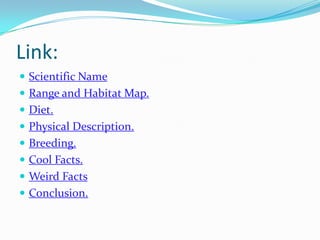 Link:
Scientific Name
Range and Habitat Map.
Diet.
Physical Description.
Breeding.
Cool Facts.
Weird Facts
Conclusion.