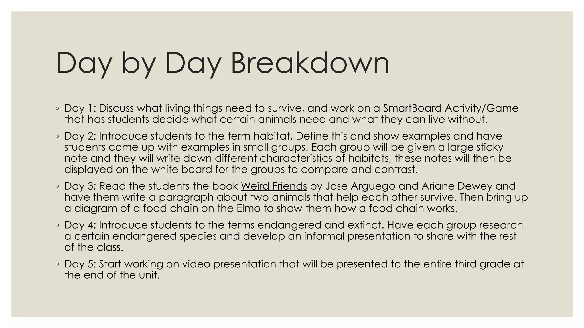 Day by Day Breakdown
◦ Day 1: Discuss what living things need to survive, and work on a SmartBoard Activity/Game
that has students decide what certain animals need and what they can live without.
◦ Day 2: Introduce students to the term habitat. Define this and show examples and have
students come up with examples in small groups. Each group will be given a large sticky
note and they will write down different characteristics of habitats, these notes will then be
displayed on the white board for the groups to compare and contrast.
◦ Day 3: Read the students the book Weird Friends by Jose Arguego and Ariane Dewey and
have them write a paragraph about two animals that help each other survive. Then bring up
a diagram of a food chain on the Elmo to show them how a food chain works.
◦ Day 4: Introduce students to the terms endangered and extinct. Have each group research
a certain endangered species and develop an informal presentation to share with the rest
of the class.
◦ Day 5: Start working on video presentation that will be presented to the entire third grade at
the end of the unit.
 