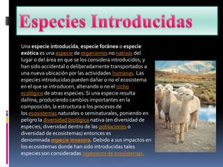 Una especie introducida, especie foránea o especie
exótica es una especie de organismos no nativos del
lugar o del área en que se los considera introducidos, y
han sido accidental o deliberadamente transportados a
una nueva ubicación por las actividades humanas. Las
especies introducidas pueden dañar o no el ecosistema
en el que se introducen, alterando o no el nicho
ecológico de otras especies. Si una especie resulta
dañina, produciendo cambios importantes en la
composición, la estructura o los procesos de
los ecosistemas naturales o seminaturales, poniendo en
peligro la diversidad biológica nativa (en diversidad de
especies, diversidad dentro de las poblaciones o
diversidad de ecosistemas) entonces es
denominada especie invasora. Debido a sus impactos en
los ecosistemas donde han sido introducidas tales
especies son consideradas ingenieros de ecosistemas.
 