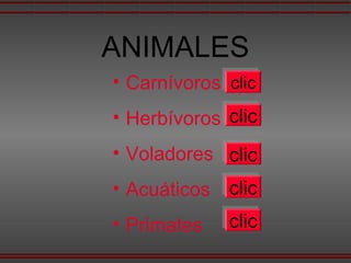 ANIMALES
• Carnívoros
• Herbívoros
• Voladores
• Acuáticos
• Primates
clicclic
clicclic
clicclic
clicclic
clicclic
 