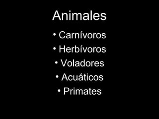 Animales
• Carnívoros
• Herbívoros
• Voladores
• Acuáticos
• Primates
 